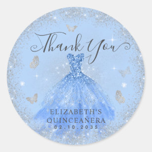 Glam Dusty Blue Silver Gown Quinceañera Thank You Classic Round Sticker
