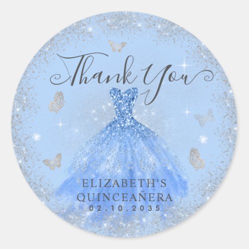 Glam Dusty Blue Silver Gown Quinceaera Thank You Classic Round Sticker