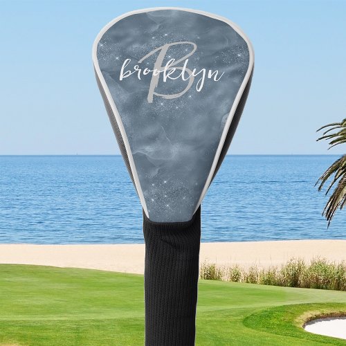 Glam Dusty Blue Stardust Glitter Script Monogram Golf Head Cover