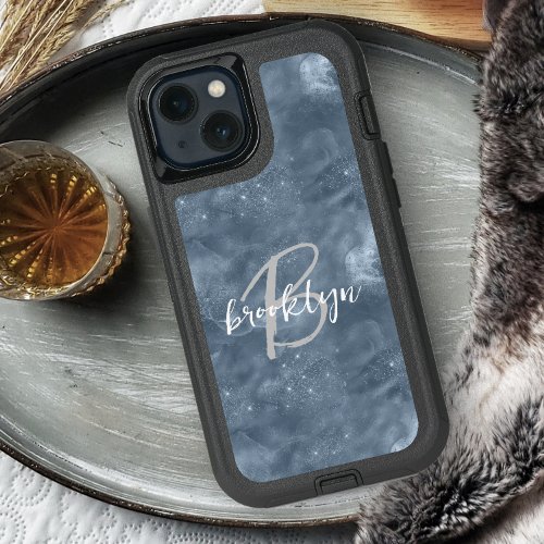 Glam Dusty Blue Stardust Script Monogram iPhone 15 Pro Max Case