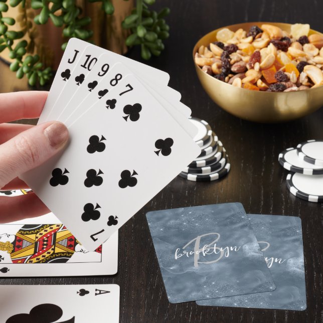 Glam Dusty Blue Stardust Swirl Script Monogram Poker Cards (In Situ)