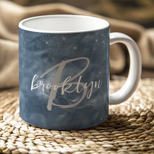 Glam Dusty Blue Stardust Swirls Script Monogram Coffee Mug