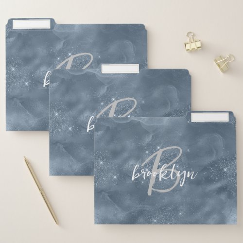 Glam Dusty Blue Stardust Swirls Script Monogram File Folder