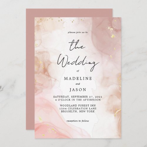 Glam Dusty Pink Watercolor Gold Fluid Ink Wedding Invitation