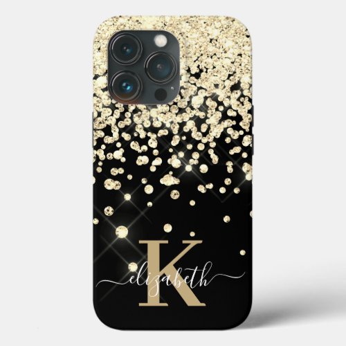 Glam Elegant Black Gold Diamond Confetti Monogram iPhone 13 Pro Case