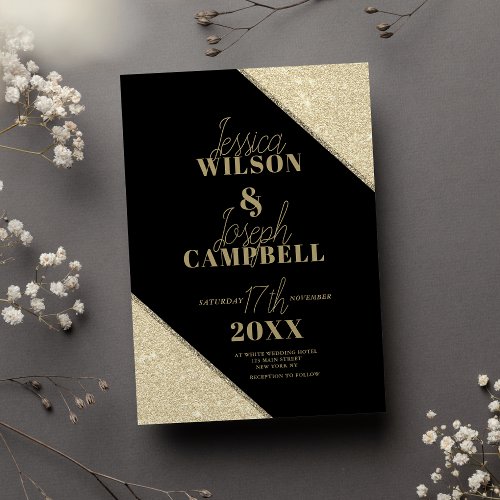 Glam elegant black gold glitter typography wedding invitation