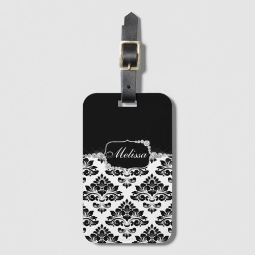 Glam Elegant Black White Damask Diamonds Bath Mat Luggage Tag