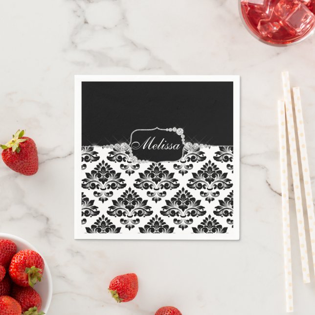 Glam Elegant Black White Damask Diamonds Bath Mat Napkins (Insitu)