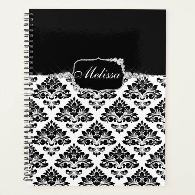 Glam Elegant Black White Damask Diamonds Bath Mat Planner (Front)