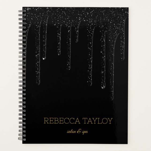 Glam Elegant Dripping Black & Gold Drip Glitter  Planner (Front)
