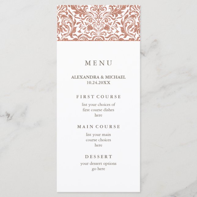 Glam Elegant Faux Rose Gold Glitter Damask Menu (Front)