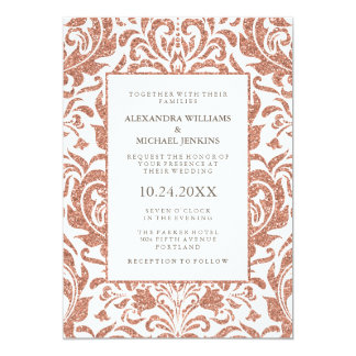 Glam Elegant Faux Rose Gold Glitter Damask Wedding Card