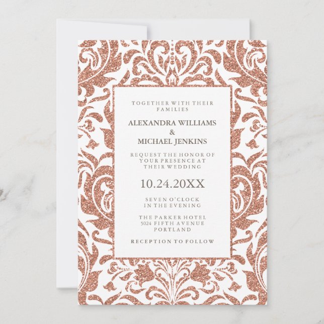 Glam Elegant Faux Rose Gold Glitter Damask Wedding Invitation (Front)