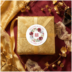Glam Elegant Floral Chinese Double Happiness  Classic Round Sticker