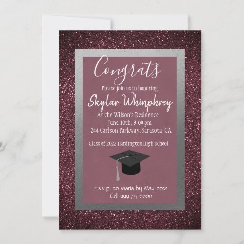 Glam Elegant Glittery Purple Silver Graduation  Invitation