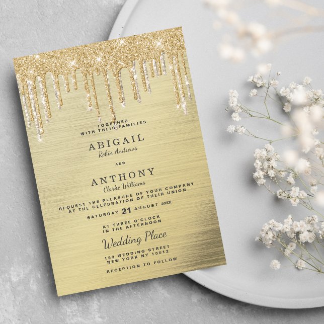 Glam elegant gold glitter drips white wedding  invitation (Glam elegant gold glitter drips white wedding)