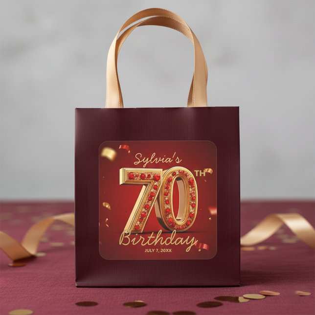 Glam Elegant Gold & Ruby Red Gems 70th Birthday Square Sticker (Creator Uploaded)