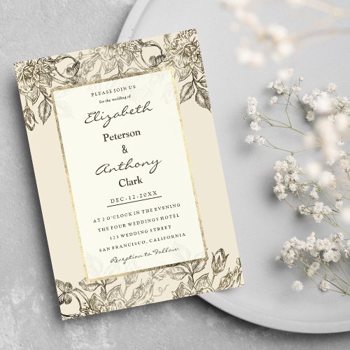 Glam elegant ivory gold luxury floral Wedding Invitation