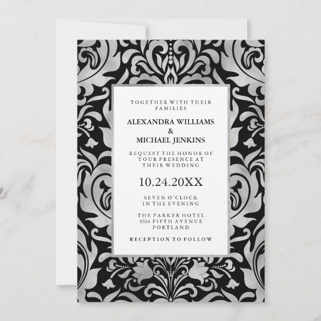 Glam Elegant Luxe Silver Damask on Black Wedding Invitation (Front)