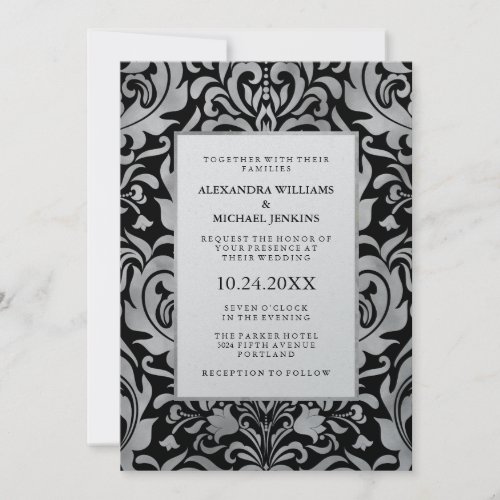 Glam Elegant Luxe Silver Damask on Black Wedding Invitation