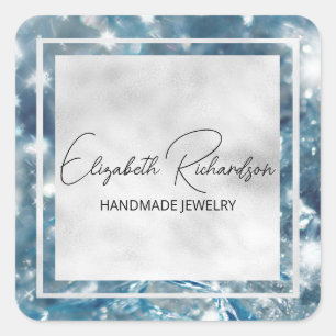 Glam Elegant Luxury Blue Crystal Diamond Product Square Sticker