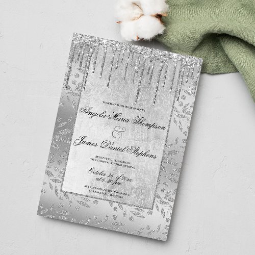 Glam Elegant Silver Glitter Drips Floral Wedding Invitation