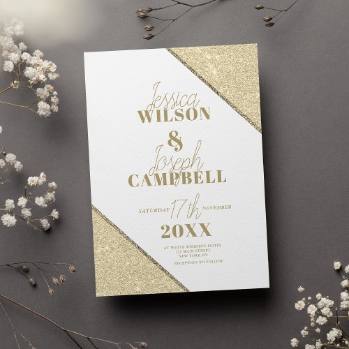 Glam elegant white gold glitter typography wedding invitation