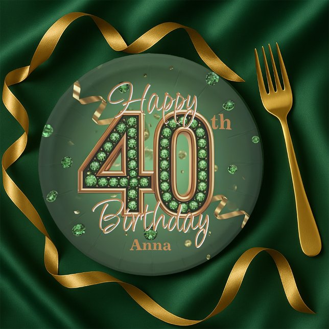Glam Emerald Green and Gold 40th Birthday Paper Plates (Creator Uploaded)