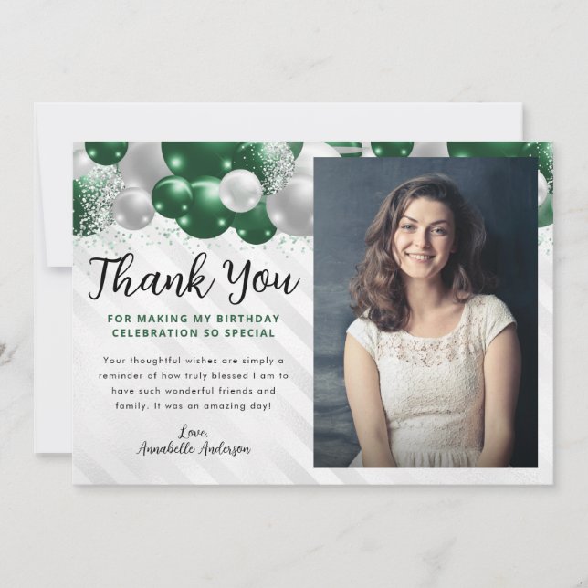 Glam Emerald Green Balloon Glitter Photo Birthday Thank You Card (Front)