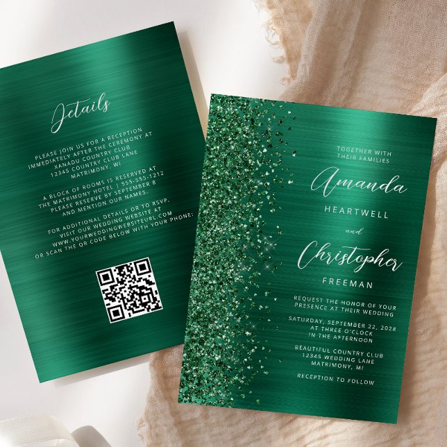 Glam Emerald Green Brushed Metal QR Code Wedding Invitation (Creator Uploaded)