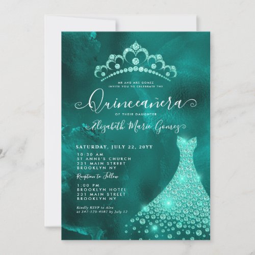 Glam Emerald Green Diamond Tiara Dress Quinceanera Invitation