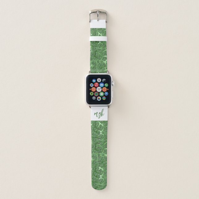 Glam Emerald Green Glitter Giraffe Spots Monogram Apple Watch Band (Front)