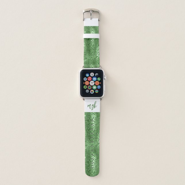 Glam Emerald Green Glitter Leopard Spots Monogram Apple Watch Band (Front)