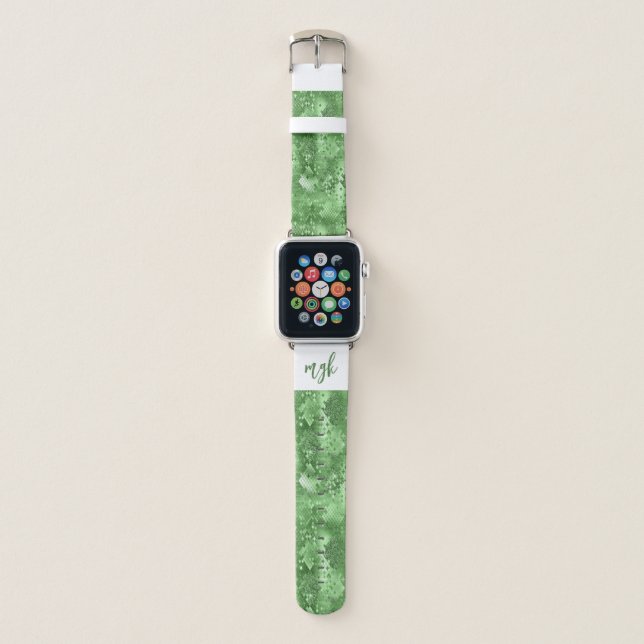 Glam Emerald Green Glitter Snakeskin Monogram Apple Watch Band (Front)