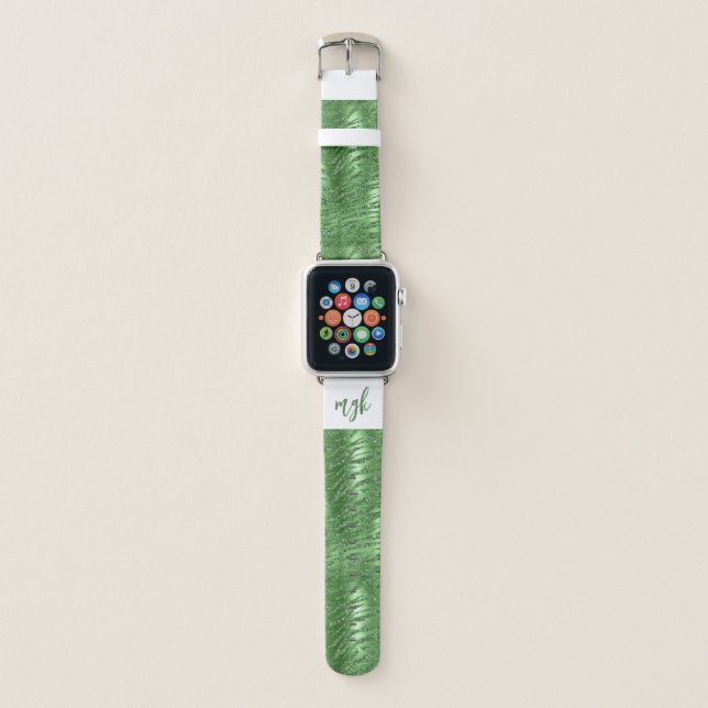 Glam Emerald Green Glitter Tiger Stripes Monogram Apple Watch Band (Front)