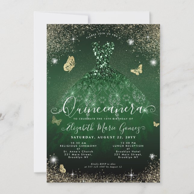 Glam Emerald Green Gold Glitter Gown Quinceanera Invitation (Front)