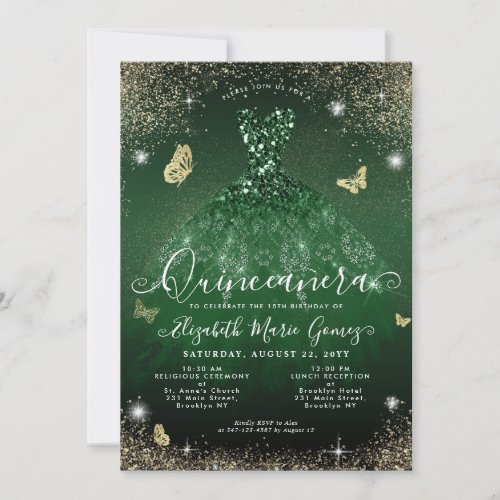 Glam Emerald Green Gold Glitter Gown Quinceanera Invitation