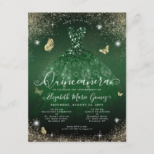 Glam Emerald Green Gold Glitter Gown Quinceanera Postcard