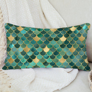 Glam Emerald Green Gold Mermaid Scales Pattern Lumbar Pillow