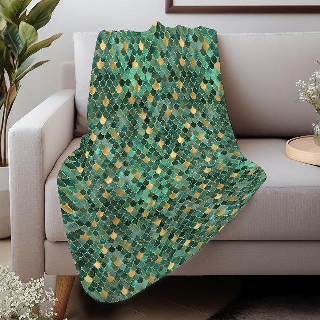 Glam Emerald Green Gold Mermaid Scales Pattern Sherpa Blanket (Creator Uploaded)