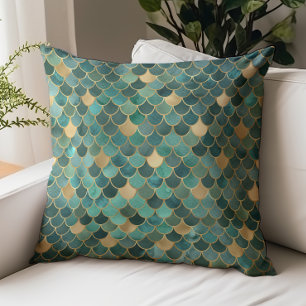 Glam Emerald Green Gold Mermaid Scales Pattern Throw Pillow