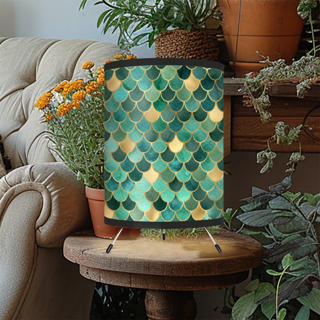 Glam Emerald Green Gold Mermaid Scales Pattern Tripod Lamp (Creator Uploaded)