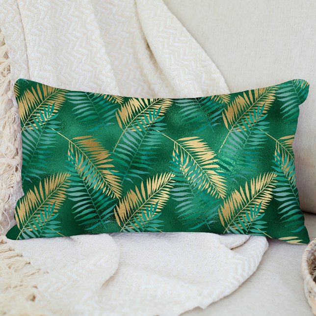 Glam Emerald Green Gold Tropical Foliage Lumbar Pillow (Creator Uploaded)