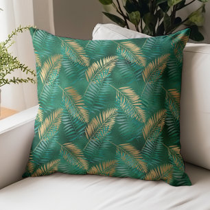 Glam Emerald Green Gold Tropical Foliage Throw Pillow