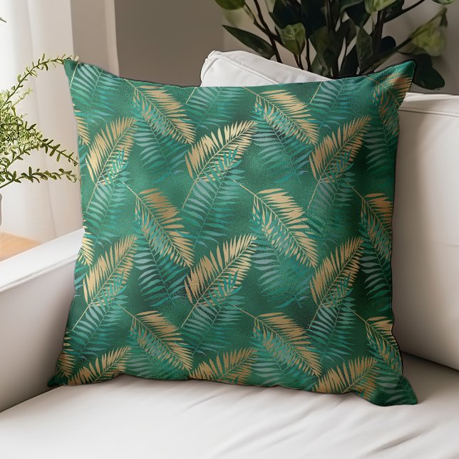 Glam Emerald Green Gold Tropical Foliage Throw Pillow (Creator Uploaded)
