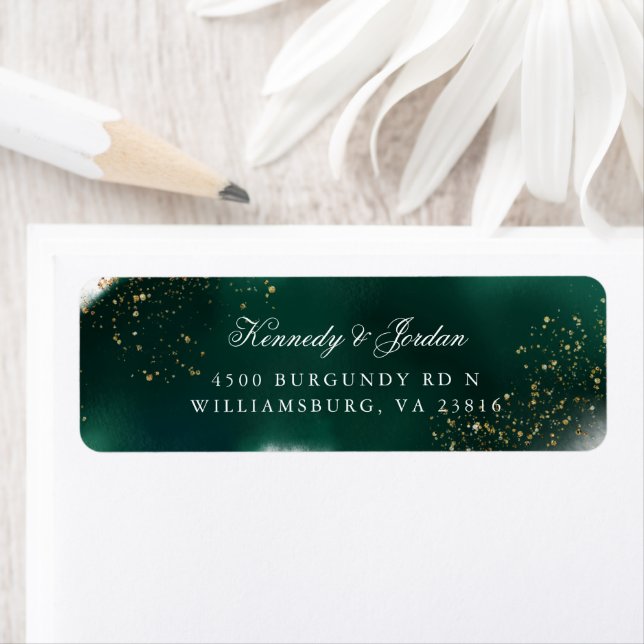 Glam Emerald Green Gold Wedding Return Address Label (Insitu)