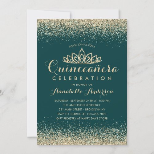 Glam Emerald Green Quinceaera Gold Tiara Glitter Invitation