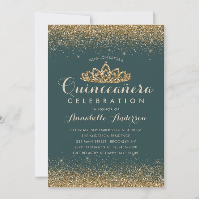 Glam Emerald Green Quinceañera Gold Tiara Glitter Invitation (Front)
