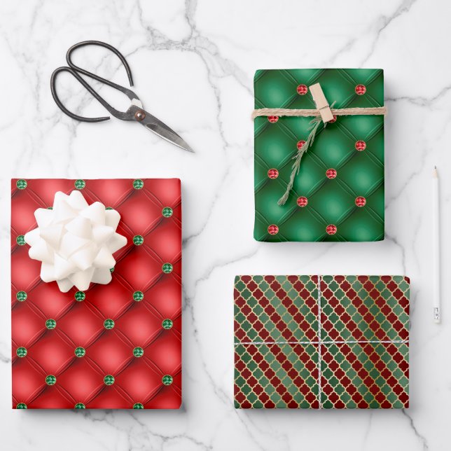 Glam Emerald Green Red Pattern Assortment Wrapping Paper Sheets (Front)