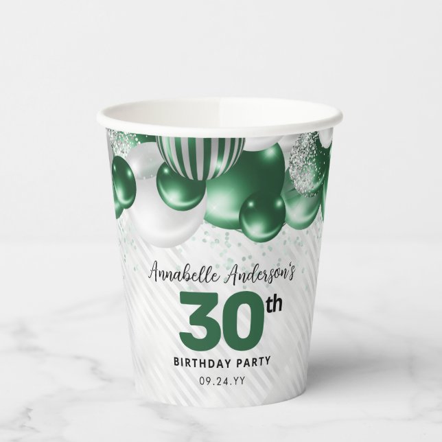 Glam Emerald Green Silver Balloon Glitter Birthday Paper Cups (Left)